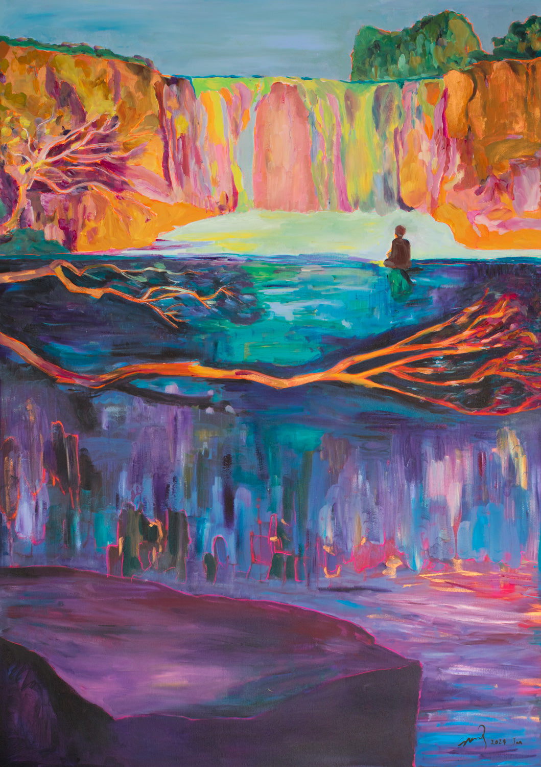 Artist: Summer Jiang - Under the Waterfall; ethereal, cool tones, fluid brushwork, dreamlike Daoist-inspired style.
