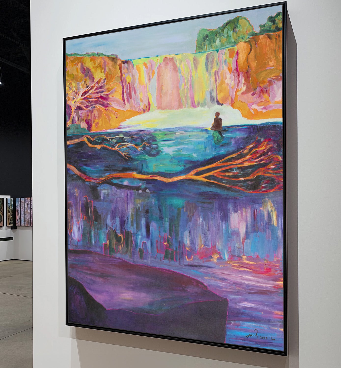 Artist: Summer Jiang - Under the Waterfall; ethereal, cool blues, fluid brushwork, dreamlike Daoist abstraction.