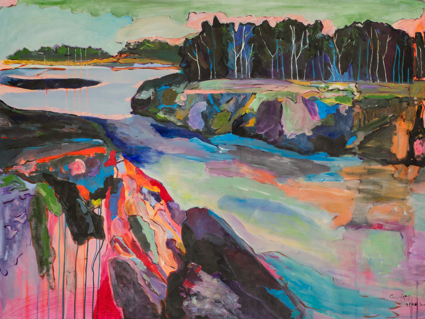 Artist: Summer Jiang - Rebellion | Frequency 1.3: Abstract, vivid colors, dynamic brushwork, layered mixed media.