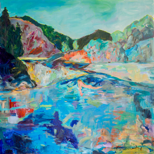 River washes me, blue, pink, green Original Painting by Summer Jiang