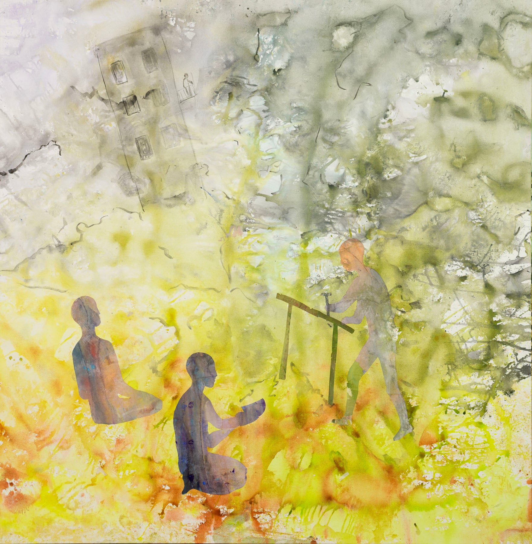 Between the Old and New, yellow, white, grey Original Painting by Summer Jiang