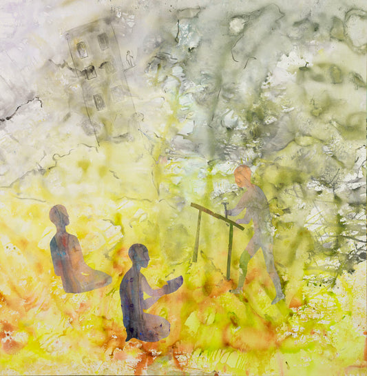 Between the Old and New, yellow, white, grey Original Painting by Summer Jiang